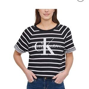 Calvin Klein Jeans Women tee shirt French Terry Logo Crop black white stripes